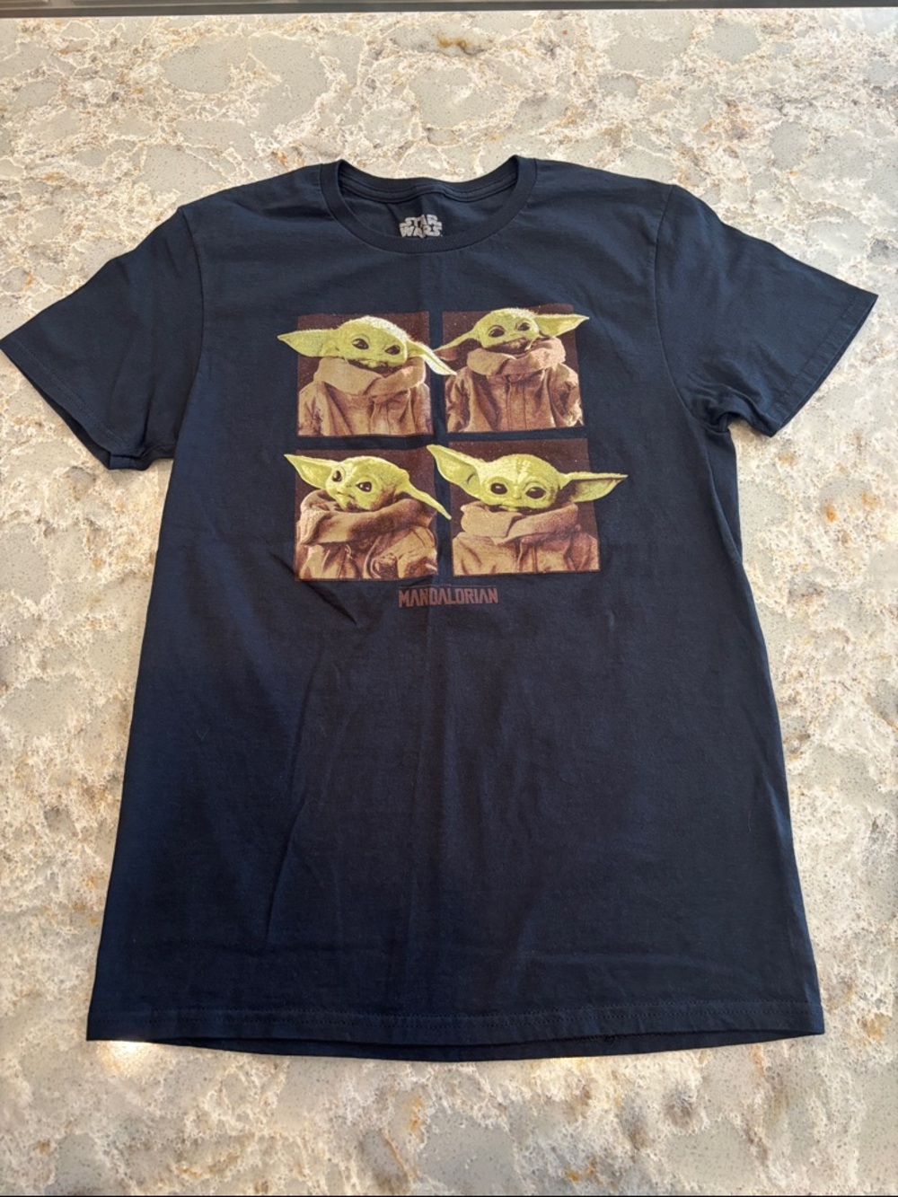 Star Wars Mandalorian Baby Yoda adult small graphic-T in black short sleeve